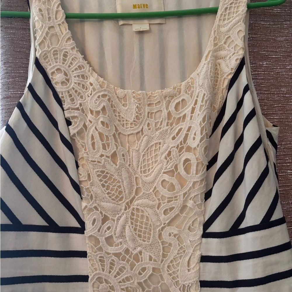 Maeve White with Black Stripes and Cream Lace Detail A-Line Scoop Neck Midi - Picture 2 of 5